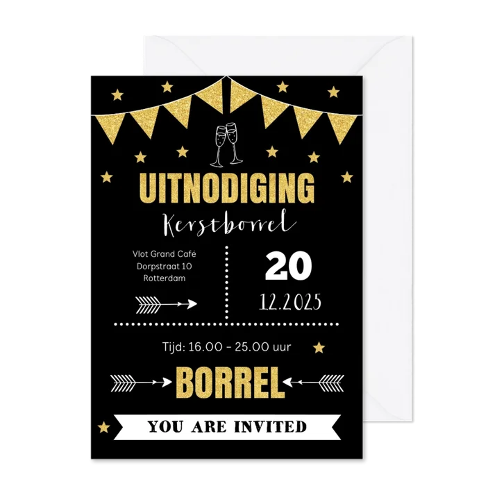 Kerstborrel uitnodiging typografie goudlook