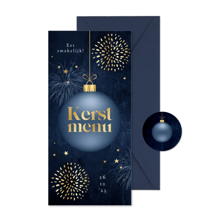 Kerstdiner menukaart kerstbal goud vuurwerk sterretjes