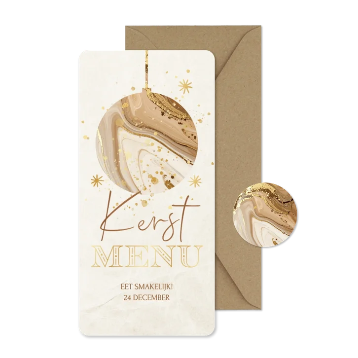 Kerstdiner menukaart met marmer kerstbal beige