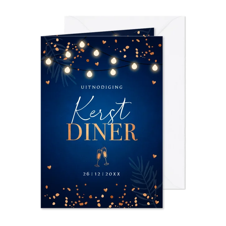 Kerstdiner uitnodiging blauw confetti koperlook