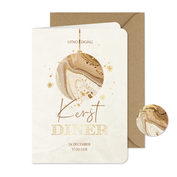 Kerstdiner uitnodiging met marmer kerstbal beige