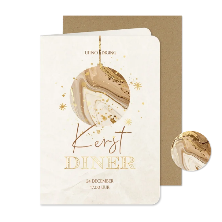 Kerstdiner uitnodiging met marmer kerstbal beige