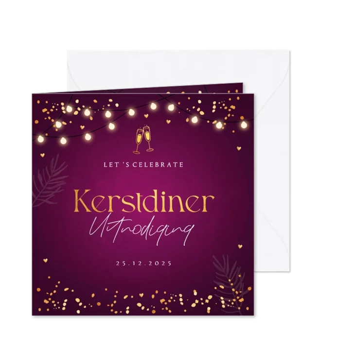 Kerstdiner uitnodiging paars lampjes confetti goudlook