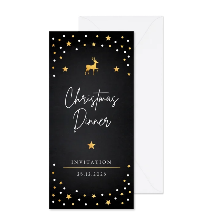 Kerstdiner uitnodiging zwart confetti goudlook