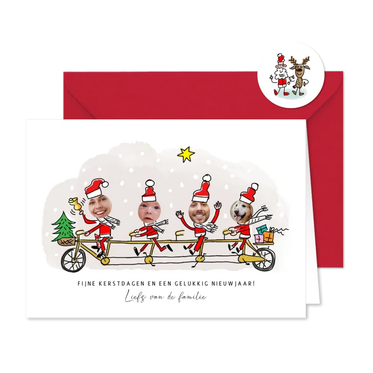 kerstfamilie op de tandem met 4 foto's