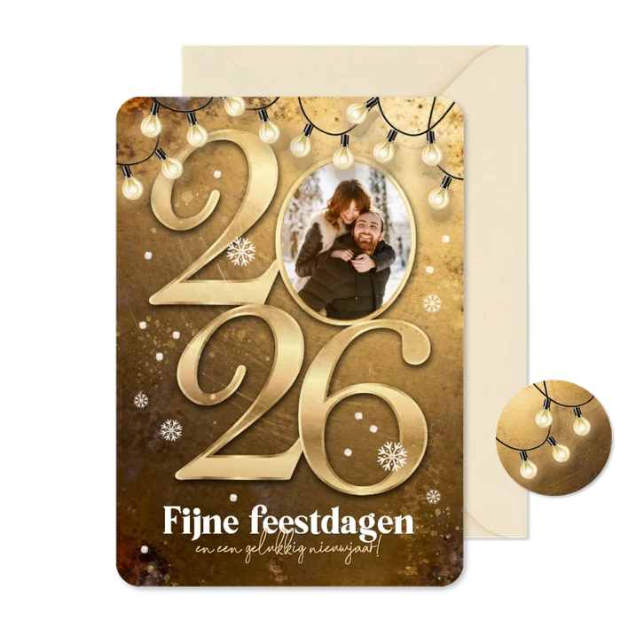 Kerstkaart 2026 goud metaal kerst fijne feestdagen sneeuw