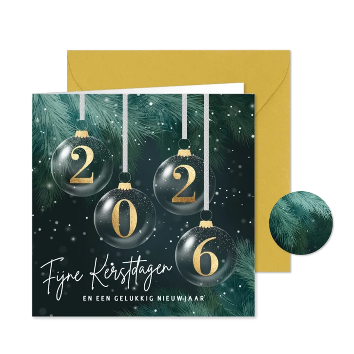 Kerstkaart 2026 gouden kerstballen groene takken