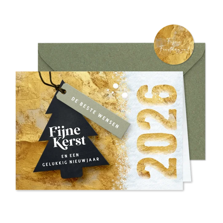 Kerstkaart 2026 in goud met kerstboom label