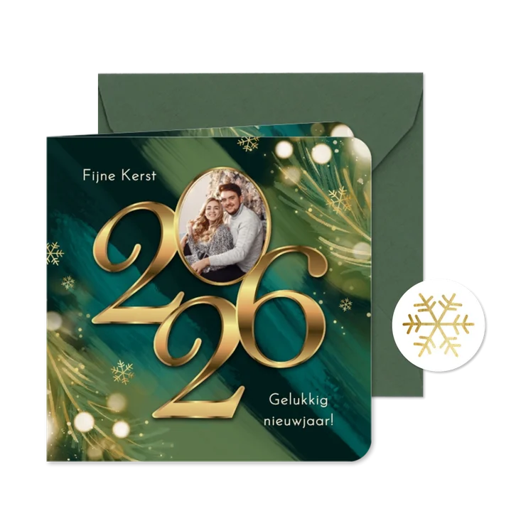 Kerstkaart 2026 jaartal goud verf rood blauw lichtjes foto