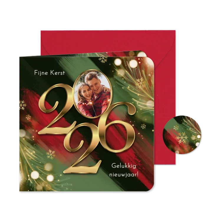 Kerstkaart 2026 jaartal goud verf rood groen lichtjes foto