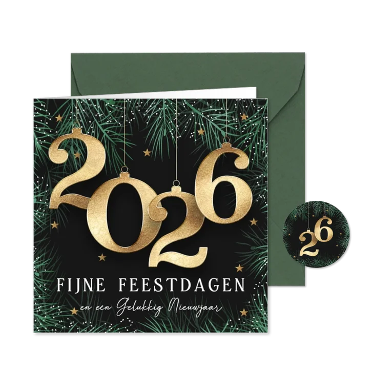 Kerstkaart 2026 kerstballen in goud