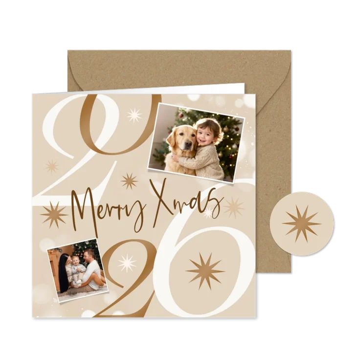 Kerstkaart 2026 modern sprankelend sterren foto champagne