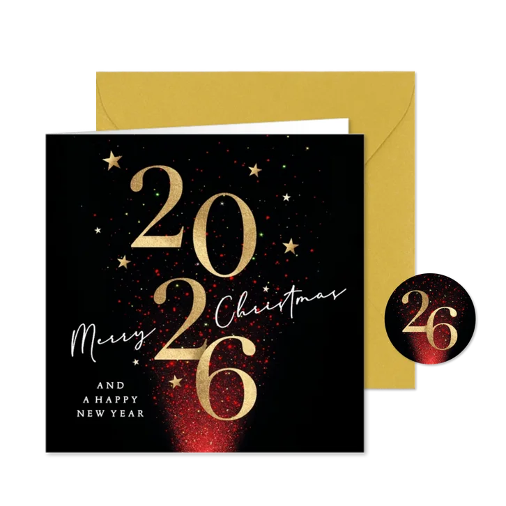 Kerstkaart 2026 rood sprankelende sterren