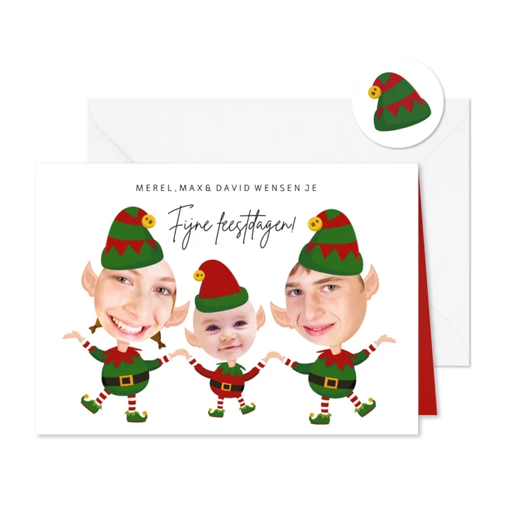 Kerstkaart 3 kerstelfjes eigen foto's