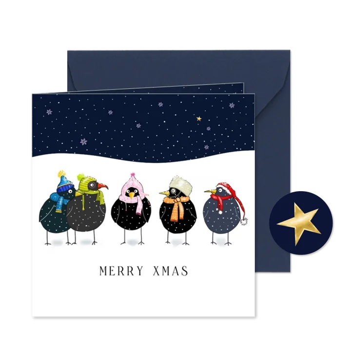 Kerstkaart acht vogels vieren kerst