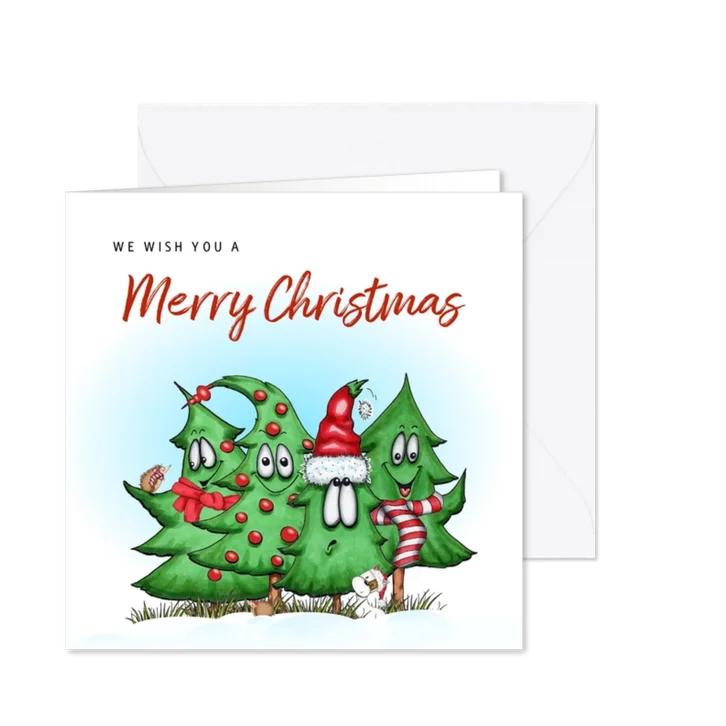 Kerstkaart allemaal kerstbomen samen egel en hondje