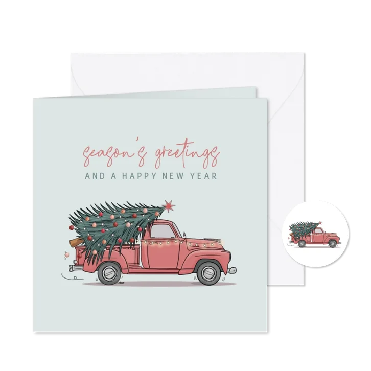 Kerstkaart Amerikaanse Pickup met kerstboom