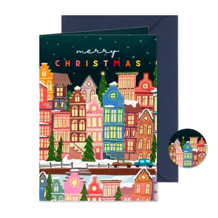 Kerstkaart Amsterdamse kersthuisjes gekleurd