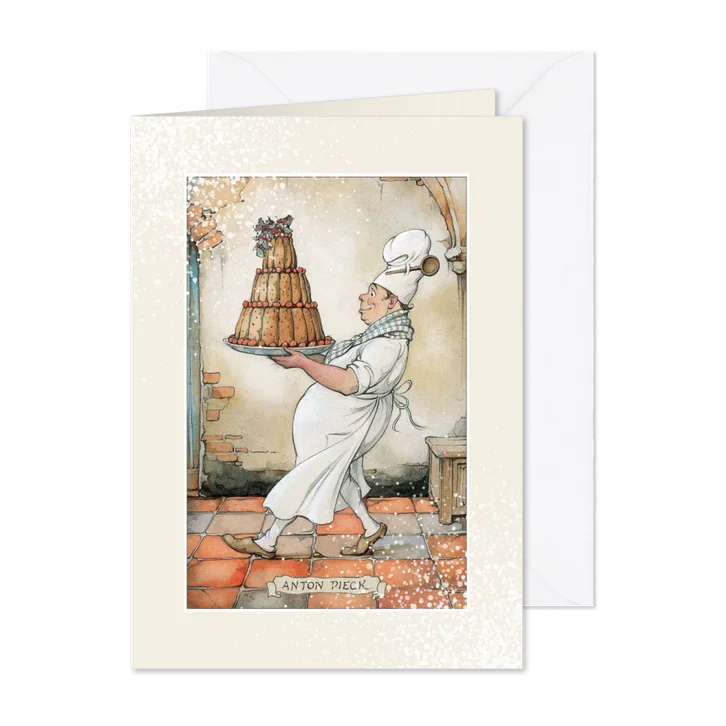 Kerstkaart - Anton Pieck illustratie bakker met taart
