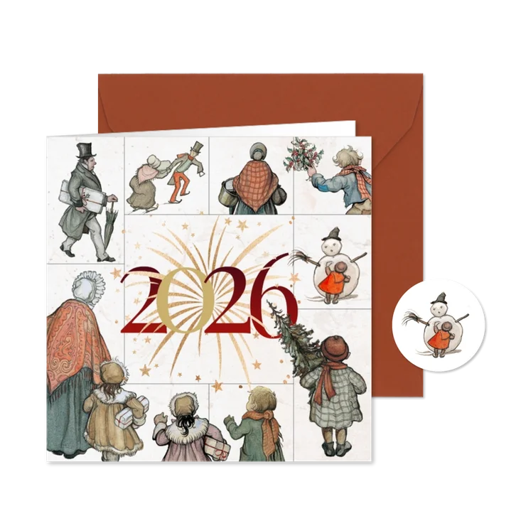 Kerstkaart Anton Pieck vuurwerk 2026