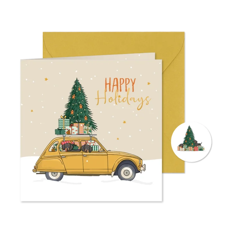 Kerstkaart auto Citroën eend met teckels