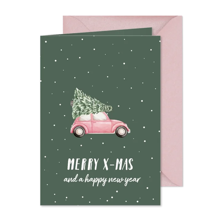 Kerstkaart auto met kerstboom op dak Vrienden GHZ