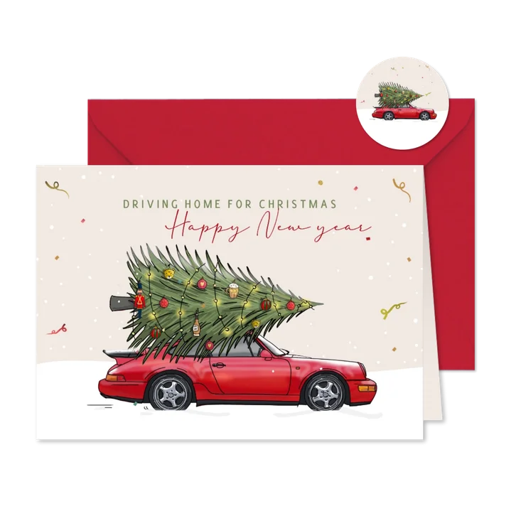 Kerstkaart auto Porsche rood met kerstboom
