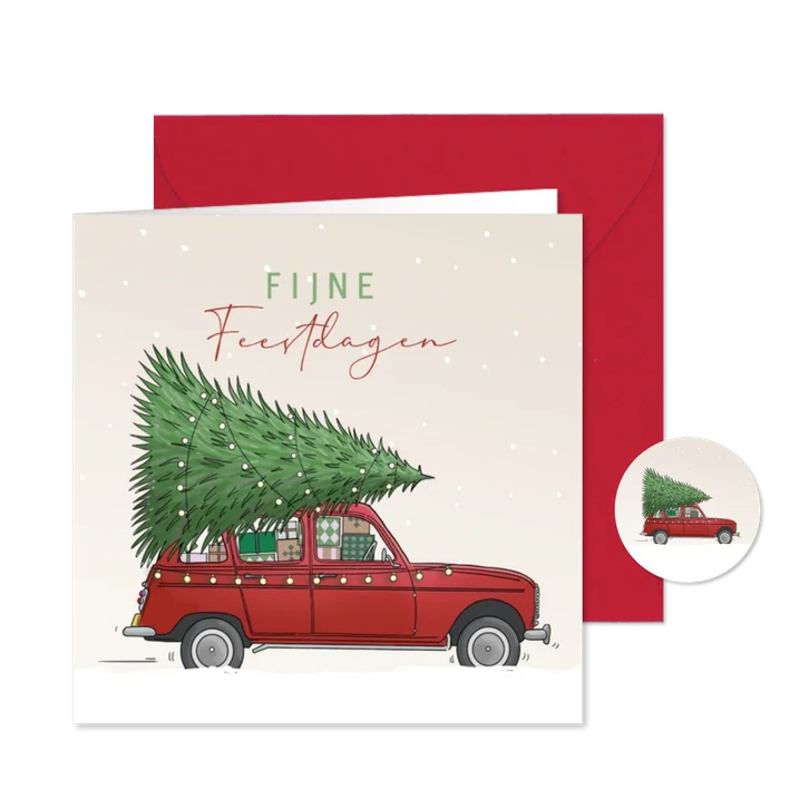 Kerstkaart auto rood met kerstboom