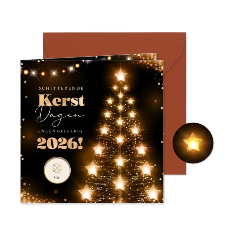 Kerstkaart bedrijf eigen logo lichtgevende kerstboom sterren