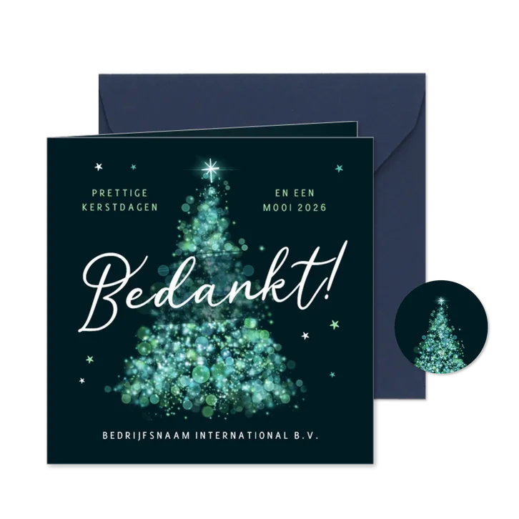 Kerstkaart bedrijf sprankelende kerstboom sterren bedankt