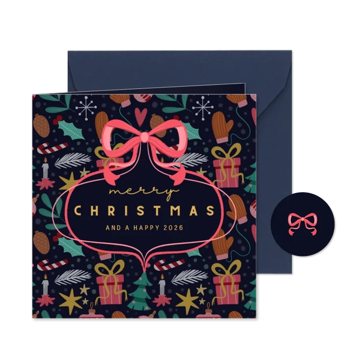 Kerstkaart blauw met patroon en strik