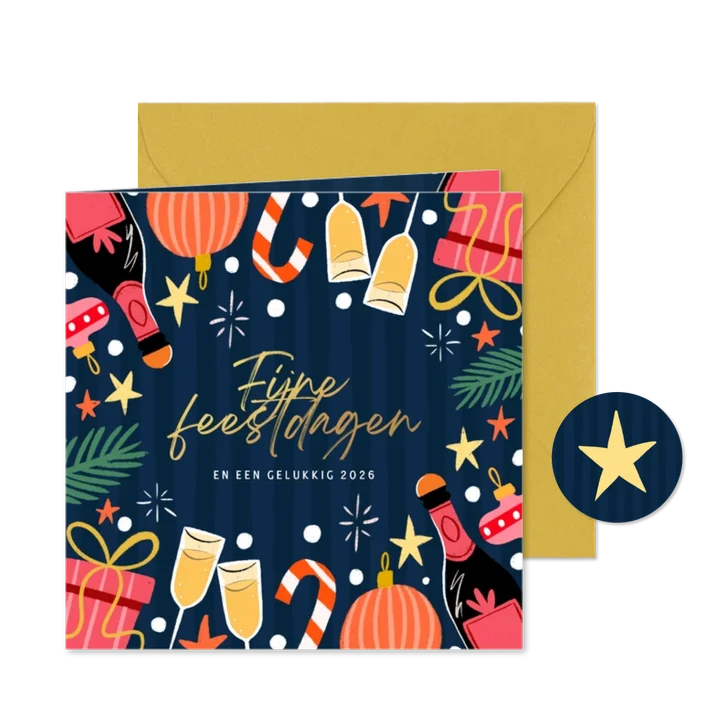 Kerstkaart blauwe streep en roze figuren