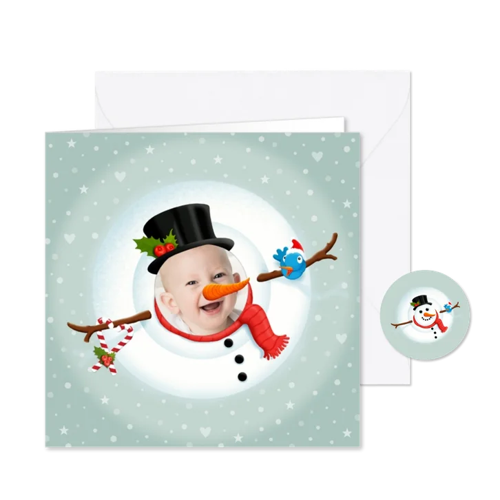 Kerstkaart blije sneeuwpop