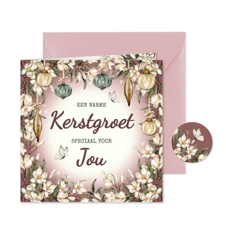 Kerstkaart bloemenkrans met vlinders en hartjes