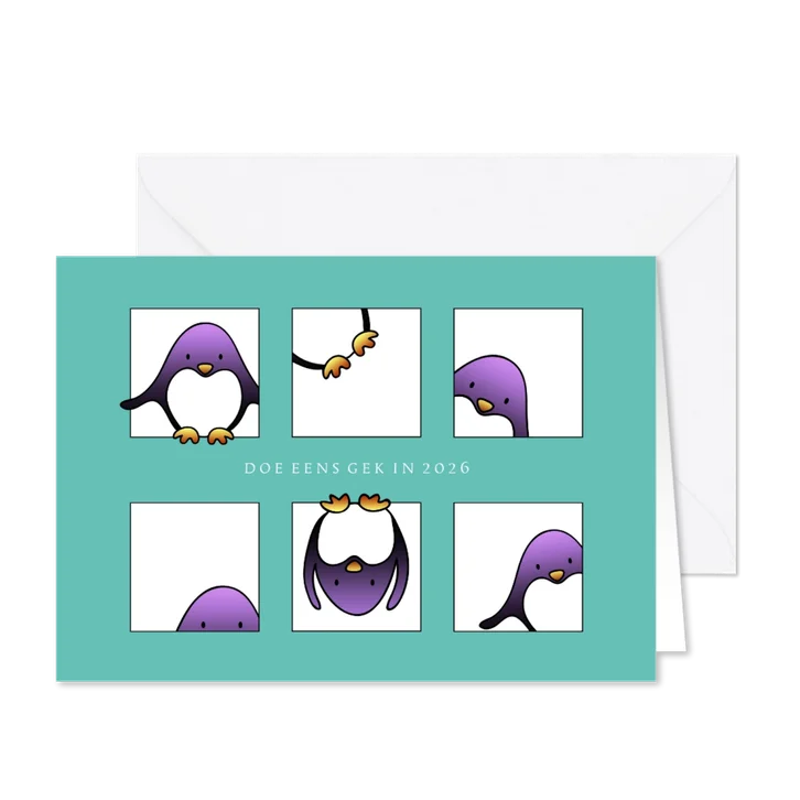 Kerstkaart blokjes pinguins doe eens gek in 2026