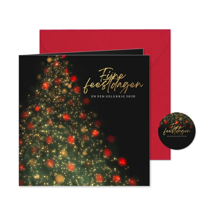 Kerstkaart Blurry kerstbom met lichtjes en ballen