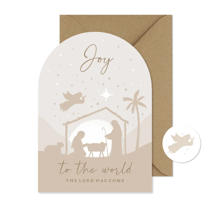Kerstkaart boogvorm beige kerststal engel sterren