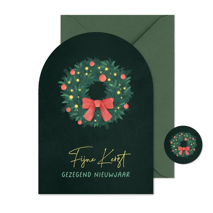 Kerstkaart boogvorm kerstkrans strik christelijk feestdagen