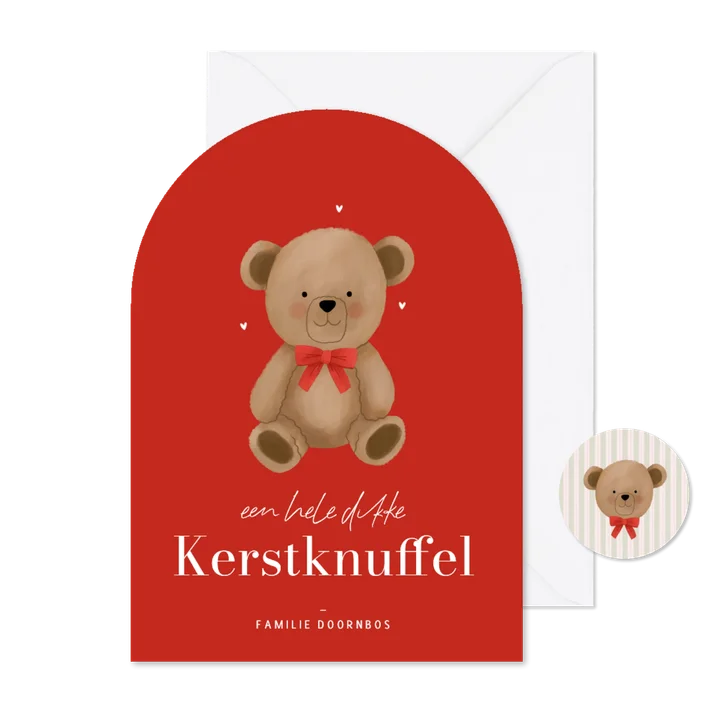 Kerstkaart boogvorm rood teddybeer kerstknuffel hartjes