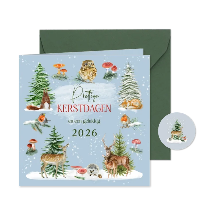 Kerstkaart bosdieren kerstboom winterlandschap