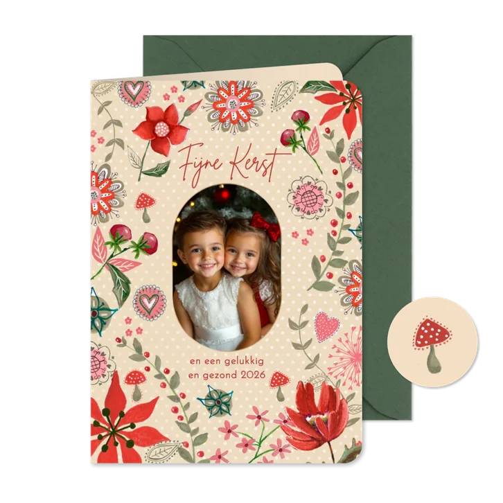 Kerstkaart botanisch beige stippen met bloemen