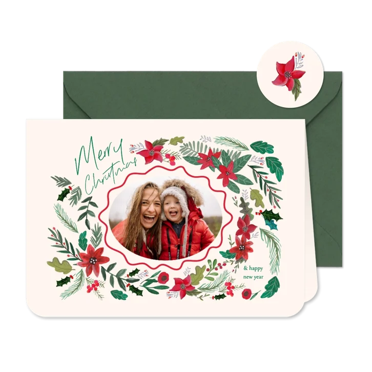 Kerstkaart Botanisch bloemen en schulp rand ovaal