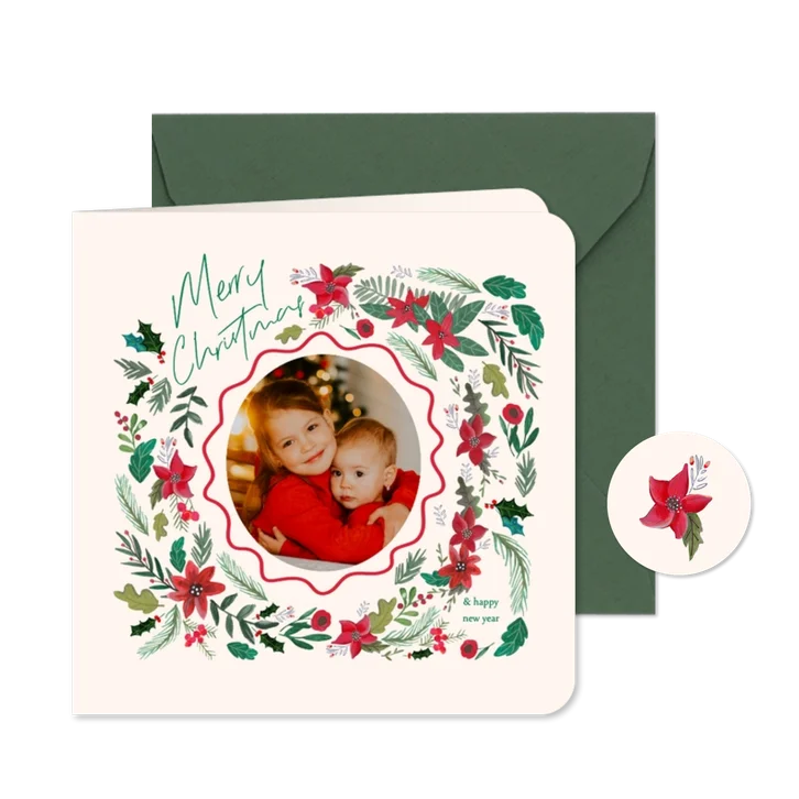 Kerstkaart Botanisch bloemen en schulp rand vierkant