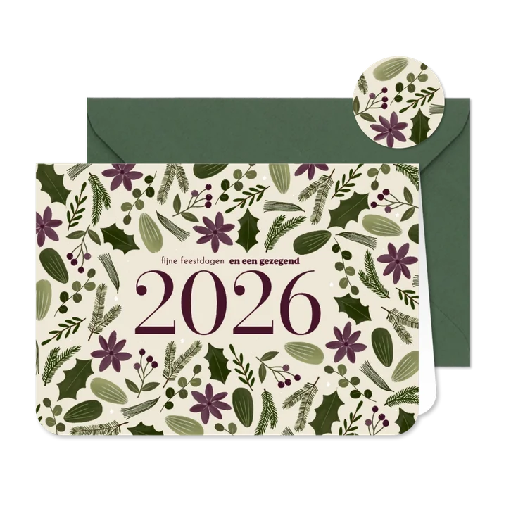 Kerstkaart botanisch bloemen groot jaartal beige 