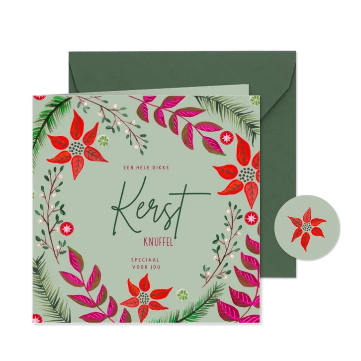 Kerstkaart botanisch rode kerstbloem en takjes