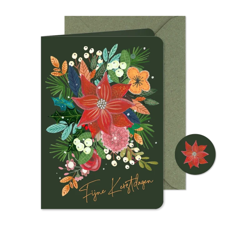 Kerstkaart botanische kerstster poinsettia
