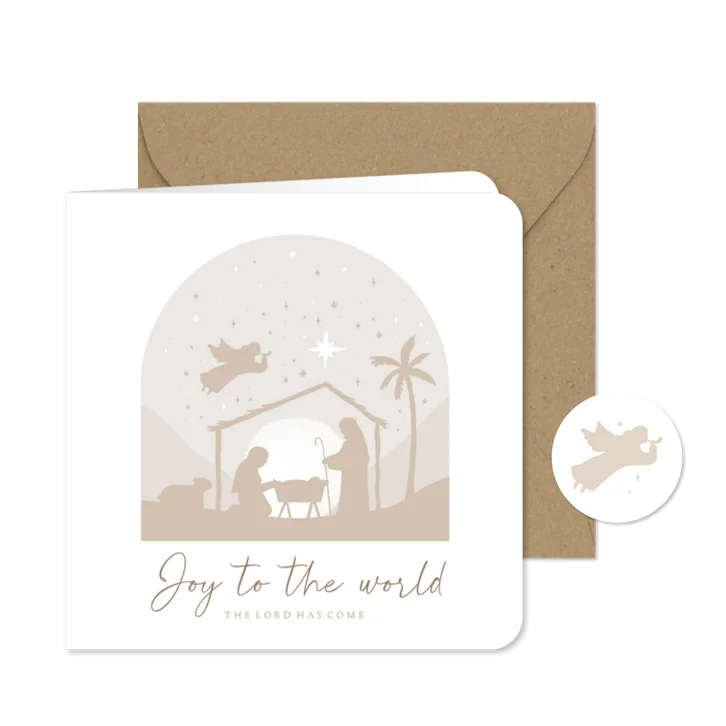 Kerstkaart christelijk beige kerststal engel silhouet