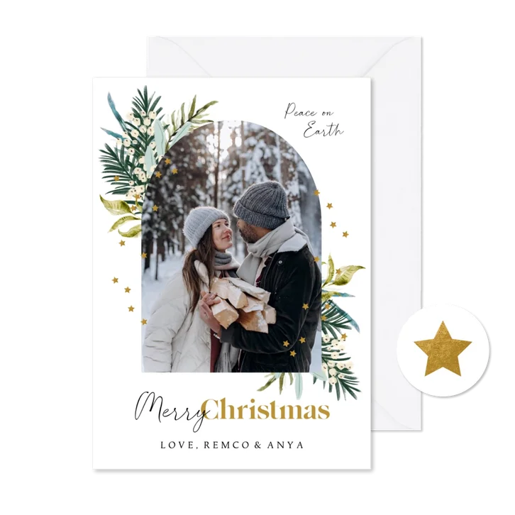 Kerstkaart christelijk foto botanisch kersttakken ster goud