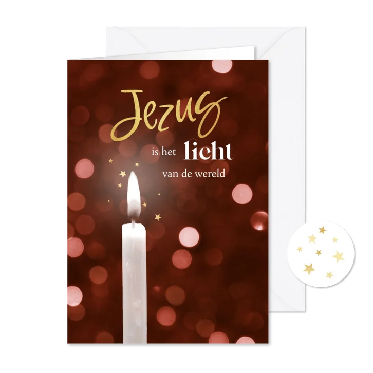 Kerstkaart christelijk jezus licht wereld kaars sterren goud