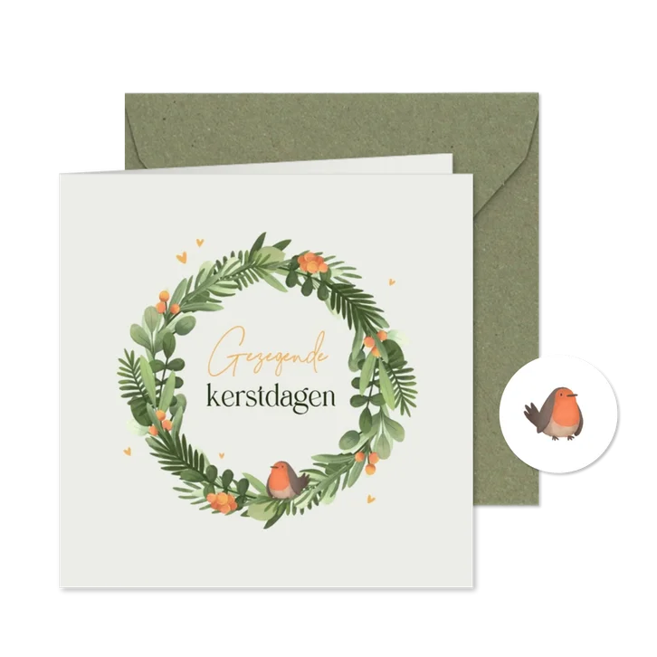 Kerstkaart christelijk kerstkrans roodborstje hartjes